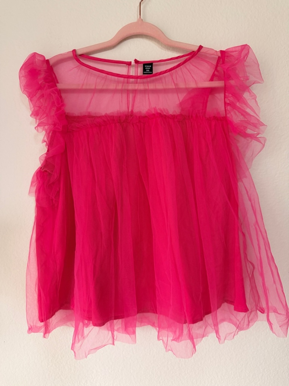SHEIN Hot Pink Ruffled Sheer Mesh Blouse